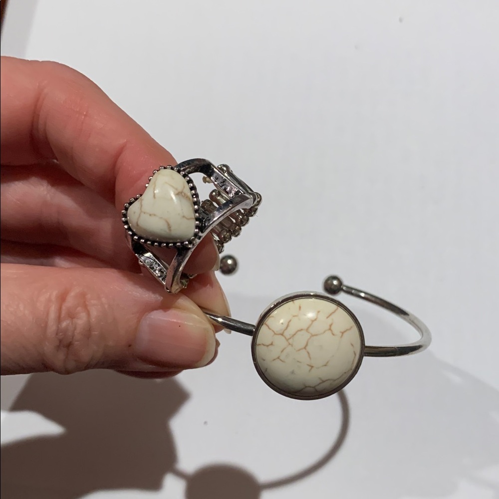 Paparazzi faux white howlight stone wire cuff bracelet, ring w stretchy fit 6-9 - Picture 2 of 6